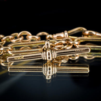 Antique 9ct Gold Trombone Link Chain Necklace with Dog Clips and T-bar | 15"
