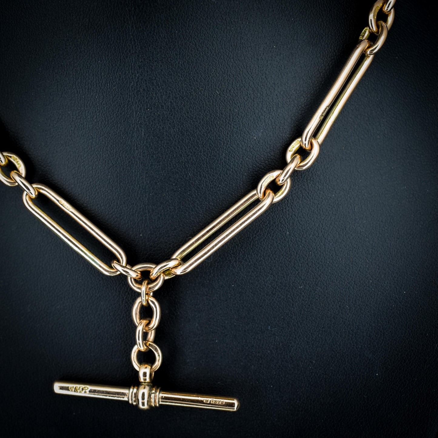 Antique 9ct Gold Trombone Link Chain Necklace with Dog Clips and T-bar | 15"