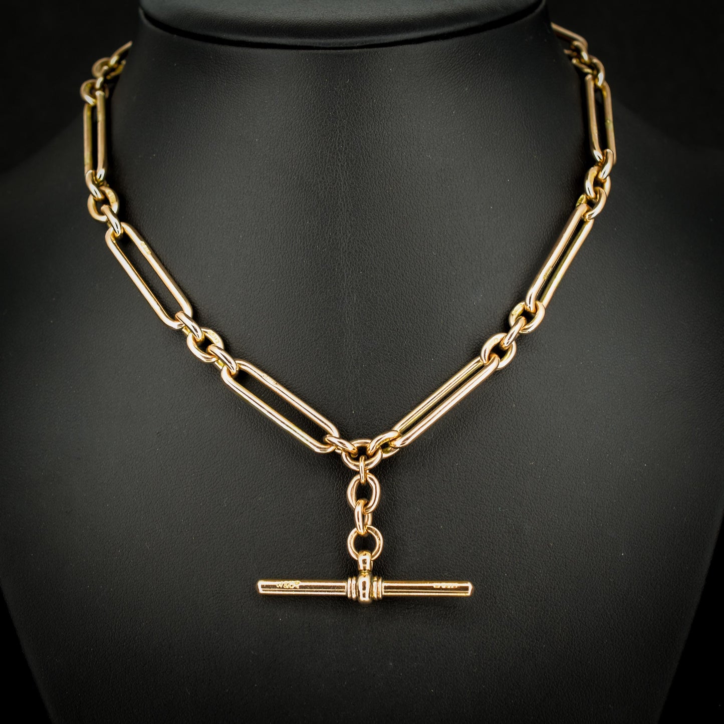 Antique 9ct Gold Trombone Link Chain Necklace with Dog Clips and T-bar | 15"