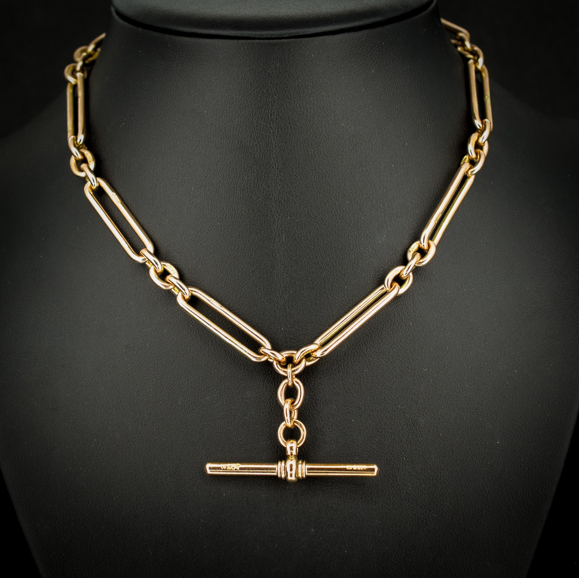 Antique 9ct Gold Trombone Link Chain Necklace with Dog Clips and T-bar | 15"