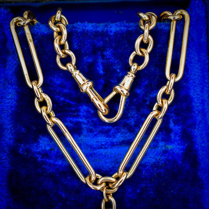Antique 9ct Gold Trombone Link Chain Necklace with Dog Clips and T-bar | 15"