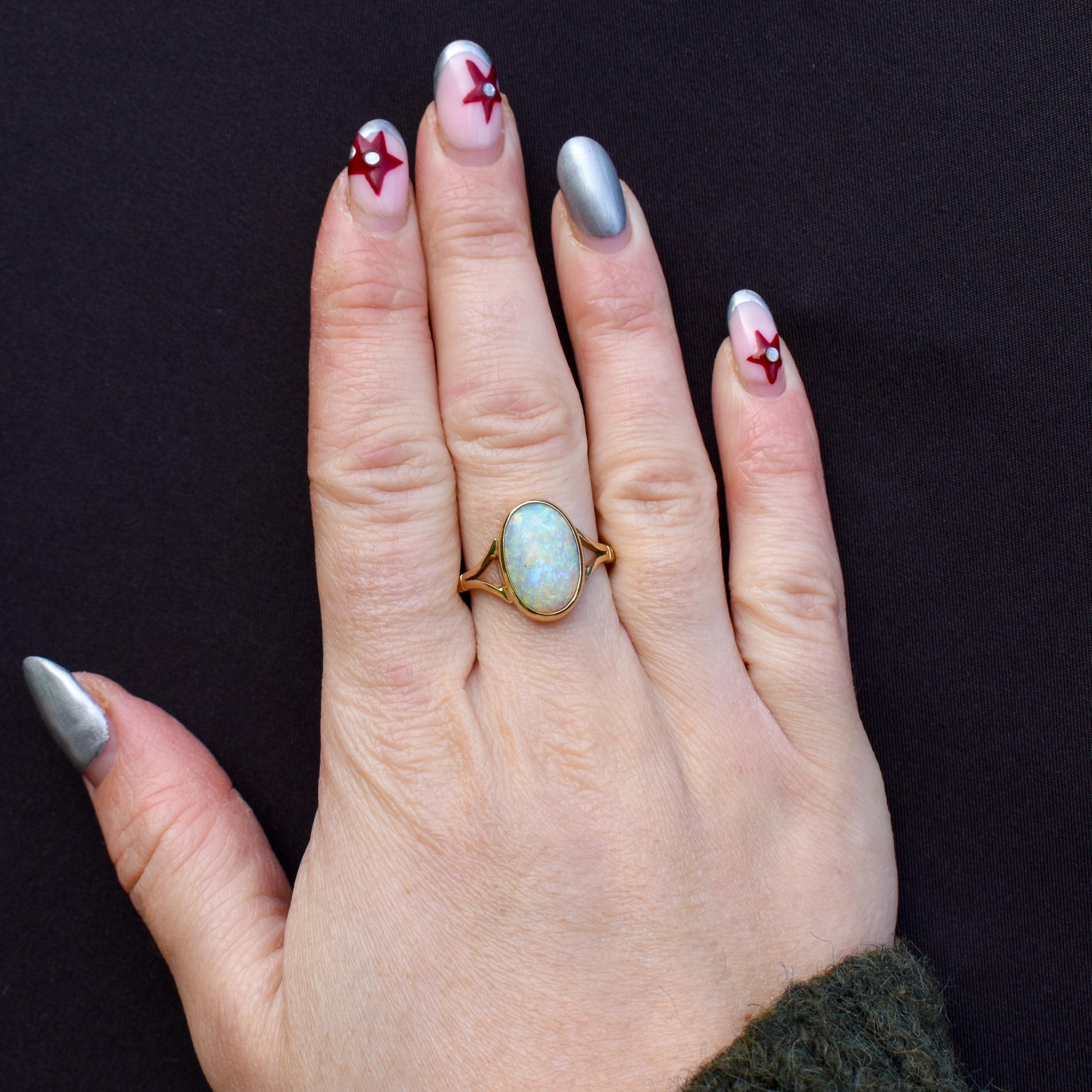 Antique Natural Opal Oval Solitaire 18ct Yellow Gold Ring