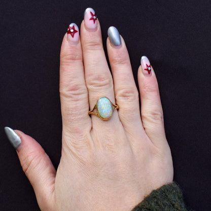 Antique Natural Opal Oval Solitaire 18ct Yellow Gold Ring