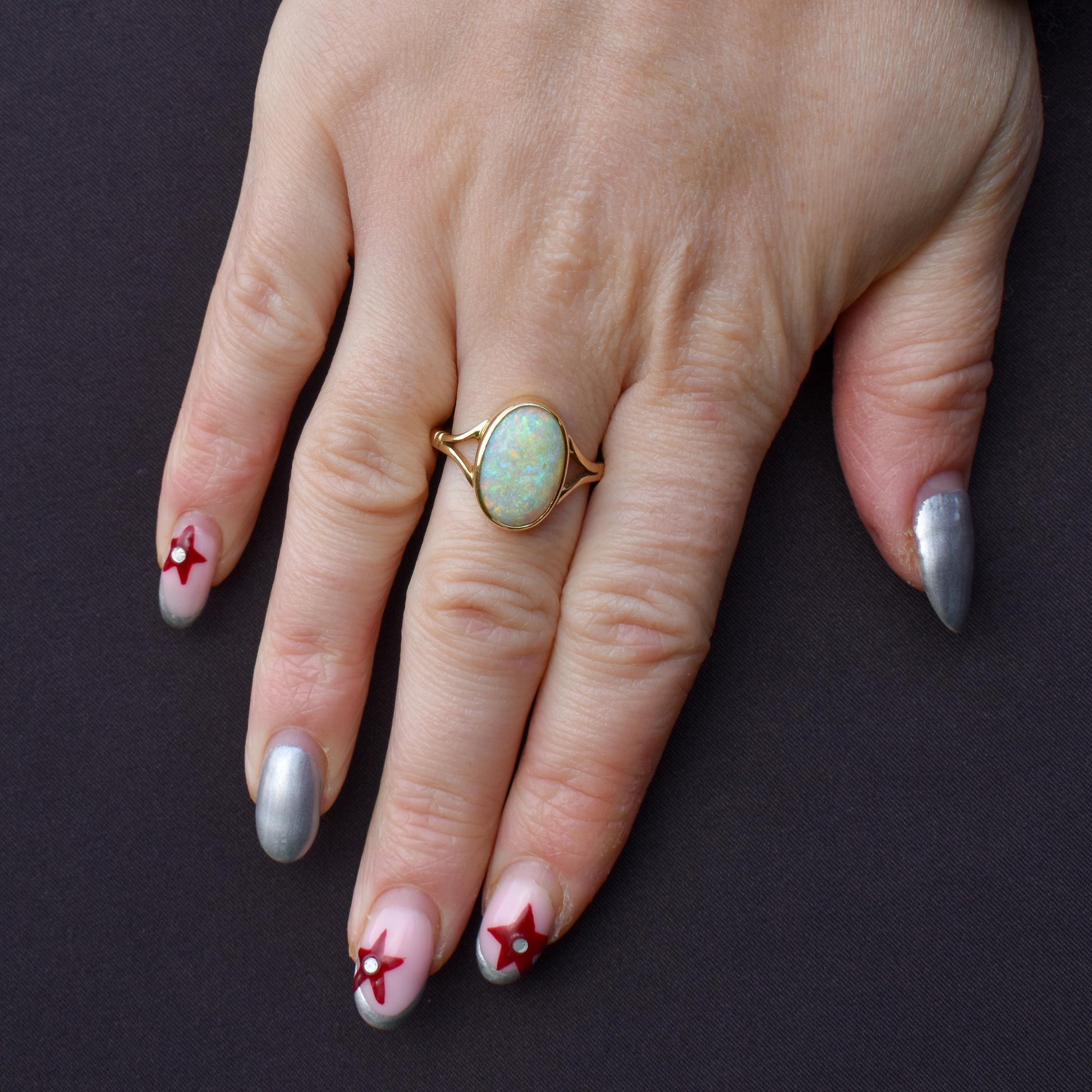 Antique Natural Opal Oval Solitaire 18ct Yellow Gold Ring