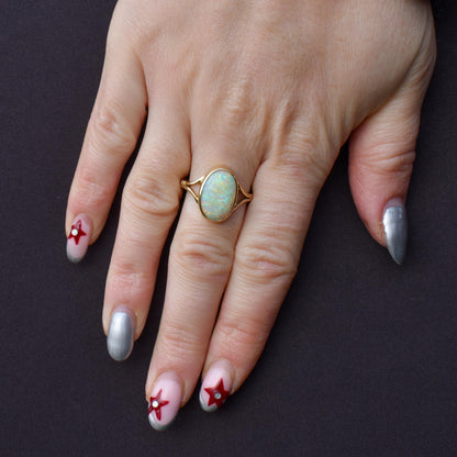 Antique Natural Opal Oval Solitaire 18ct Yellow Gold Ring