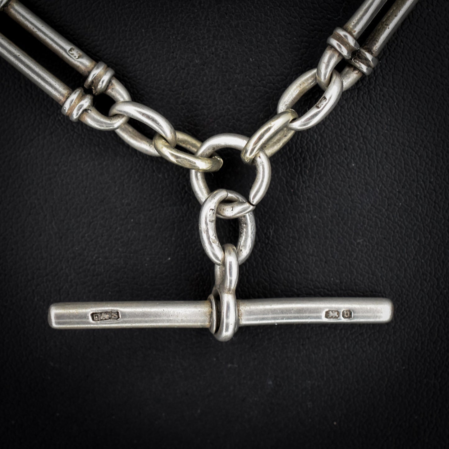 Antique Sterling Silver Trombone Watch Chain with Double Dog Clip and T Bar | 16"