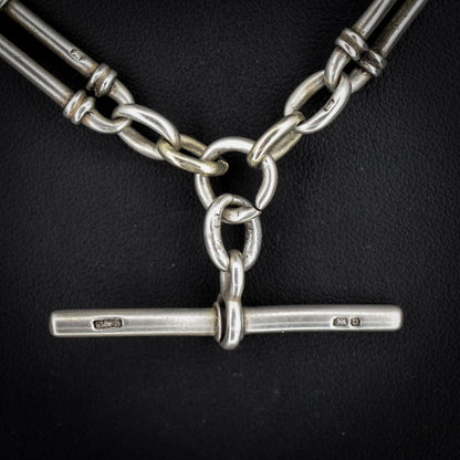 Antique Sterling Silver Trombone Watch Chain with Double Dog Clip and T Bar | 16"
