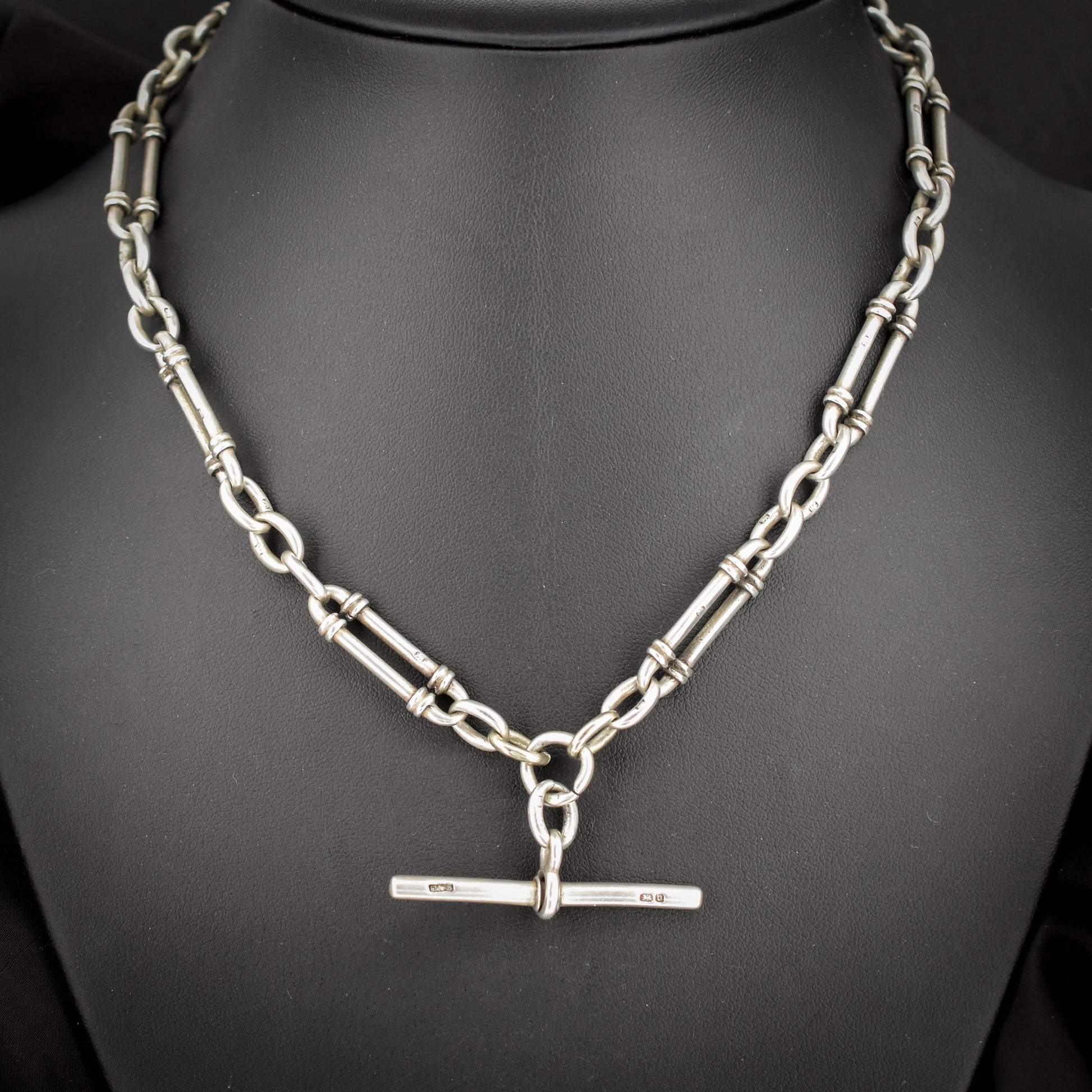 Antique Sterling Silver Trombone Watch Chain with Double Dog Clip and T Bar | 16"