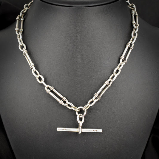 Antique Sterling Silver Trombone Watch Chain with Double Dog Clip and T Bar | 16"