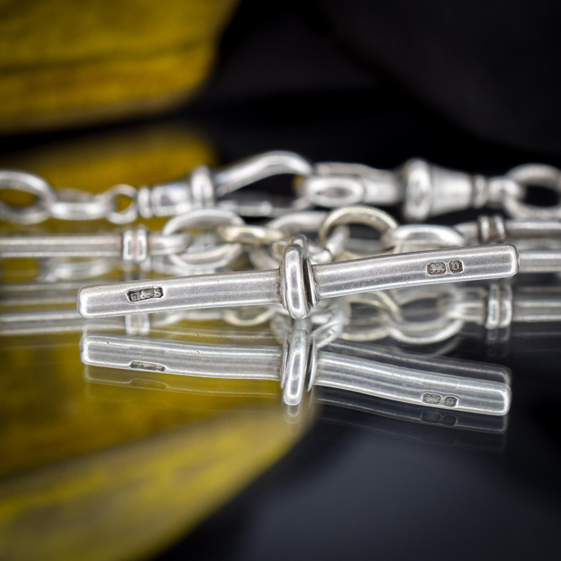 Antique Sterling Silver Trombone Watch Chain with Double Dog Clip and T Bar | 16"