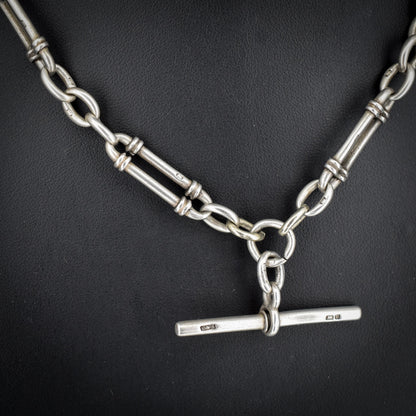 Antique Sterling Silver Trombone Watch Chain with Double Dog Clip and T Bar | 16"