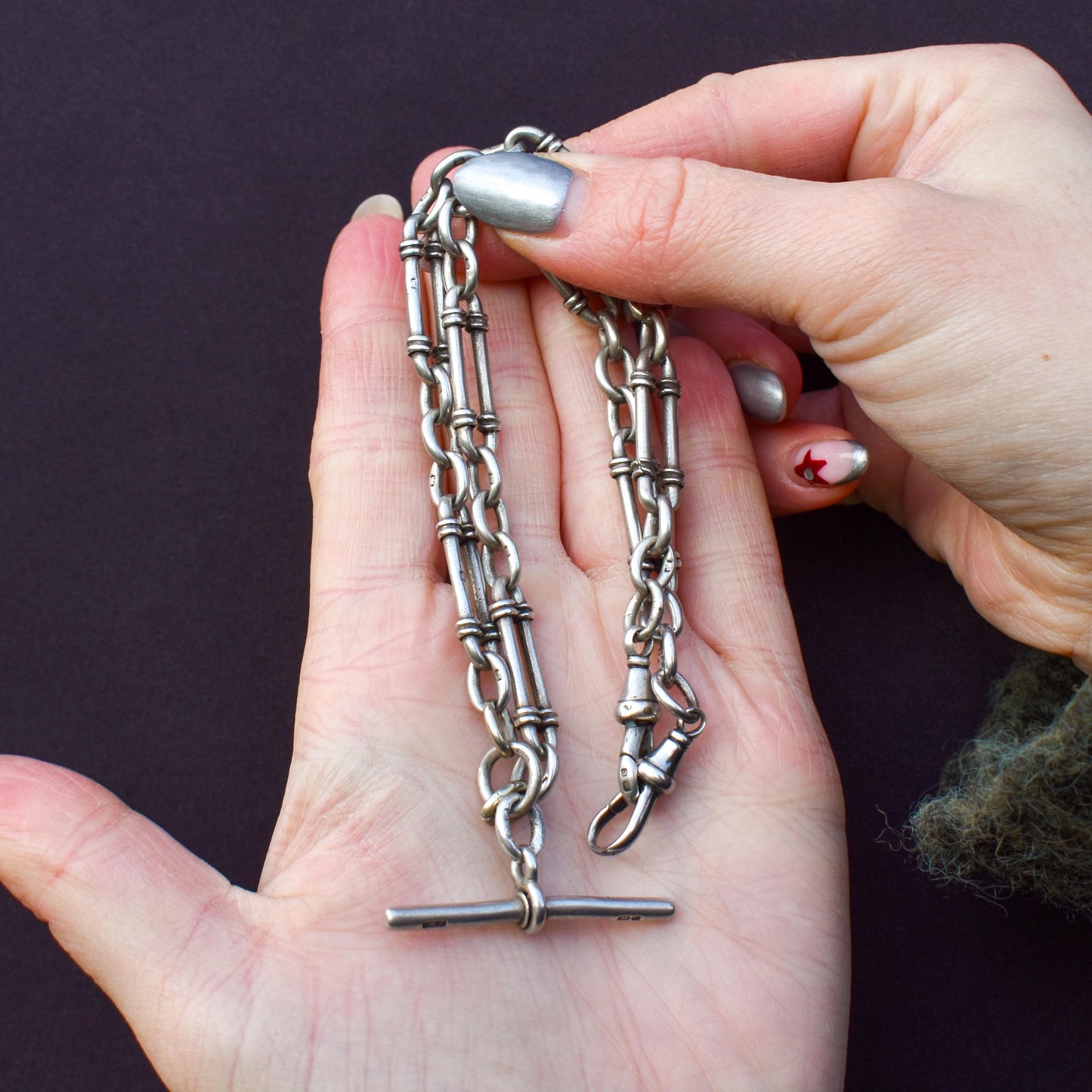 Antique Sterling Silver Trombone Watch Chain with Double Dog Clip and T Bar | 16"