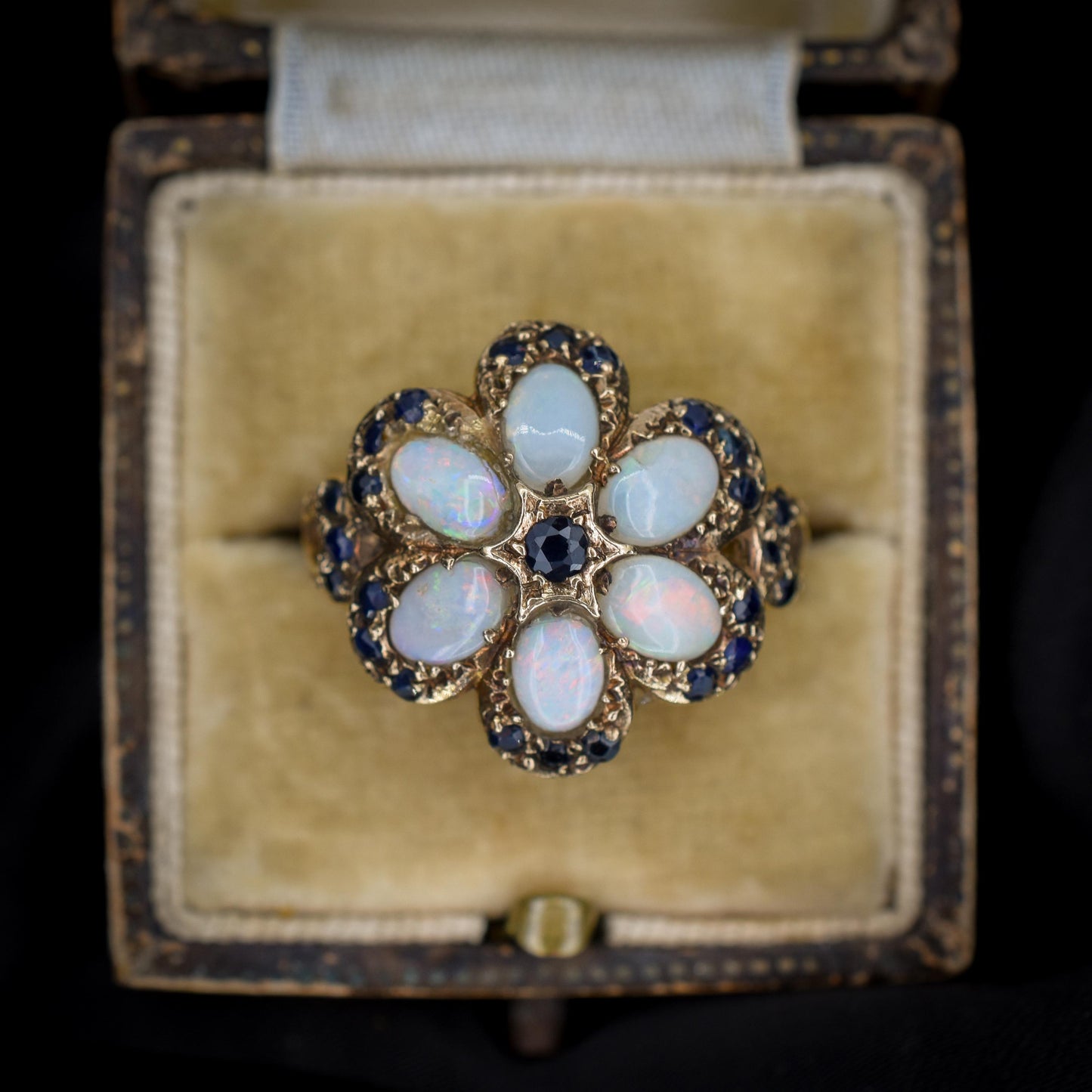 Vintage Opal and Blue Sapphire Flower 9ct Yellow Gold Ring | Dated 1972
