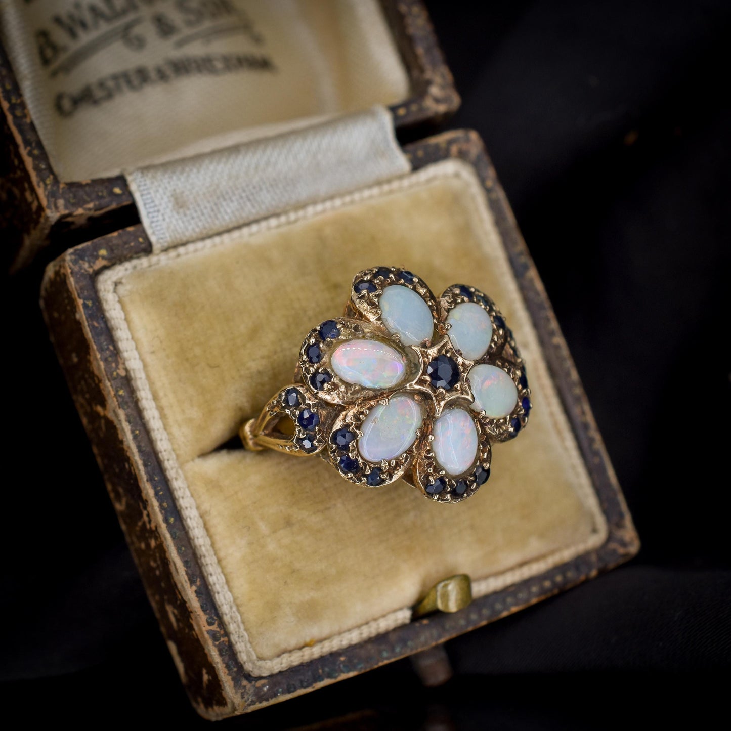 Vintage Opal and Blue Sapphire Flower 9ct Yellow Gold Ring | Dated 1972