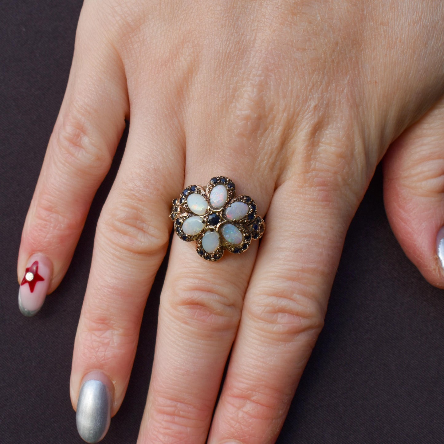 Vintage Opal and Blue Sapphire Flower 9ct Yellow Gold Ring | Dated 1972