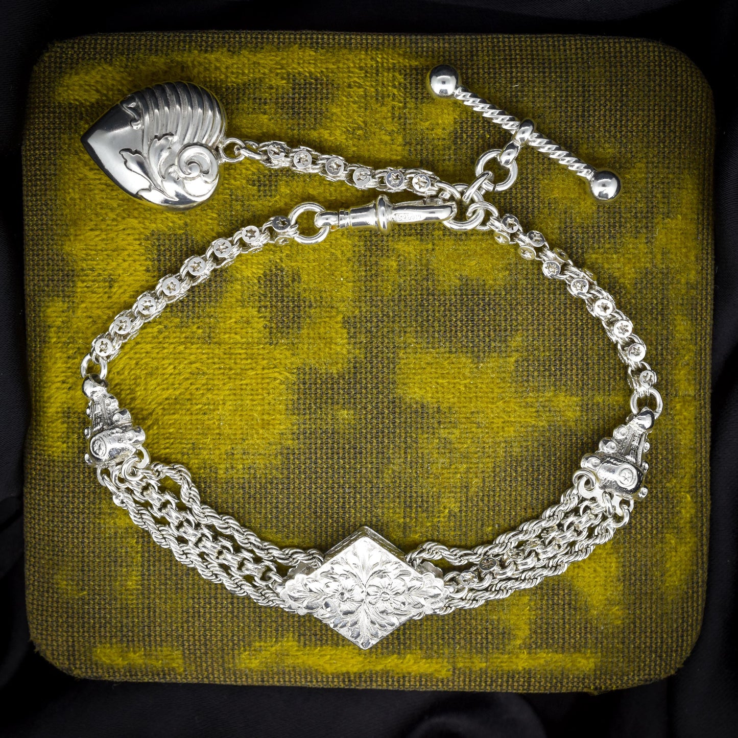 Antique Silver Multi-Strand Albertina Albert Chain Bracelet with Heart