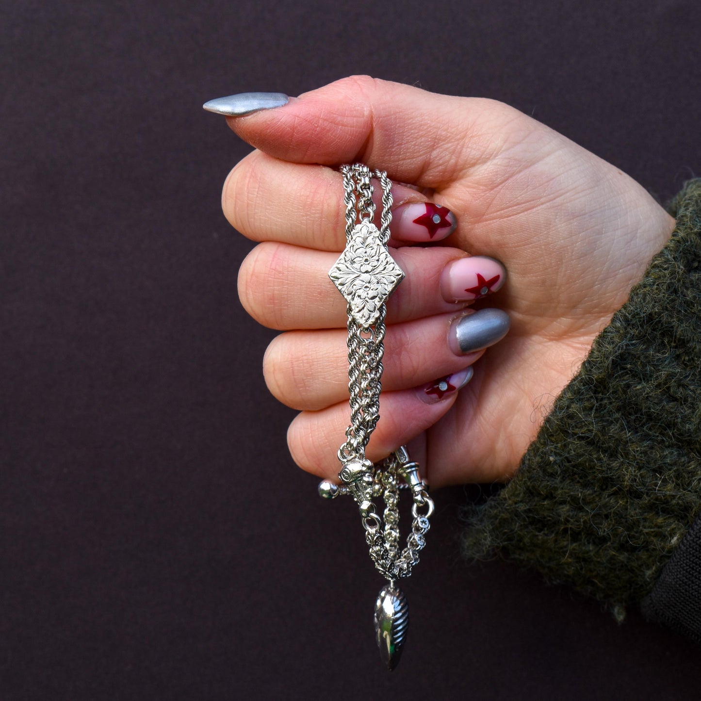 Antique Silver Multi-Strand Albertina Albert Chain Bracelet with Heart