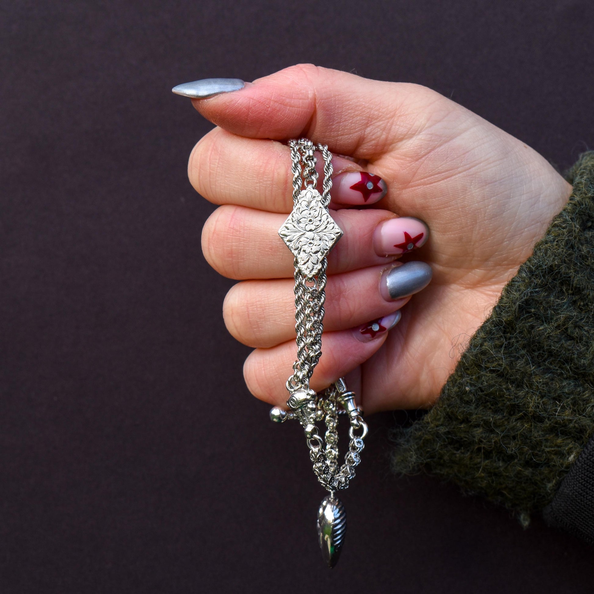 Antique Silver Multi-Strand Albertina Albert Chain Bracelet with Heart