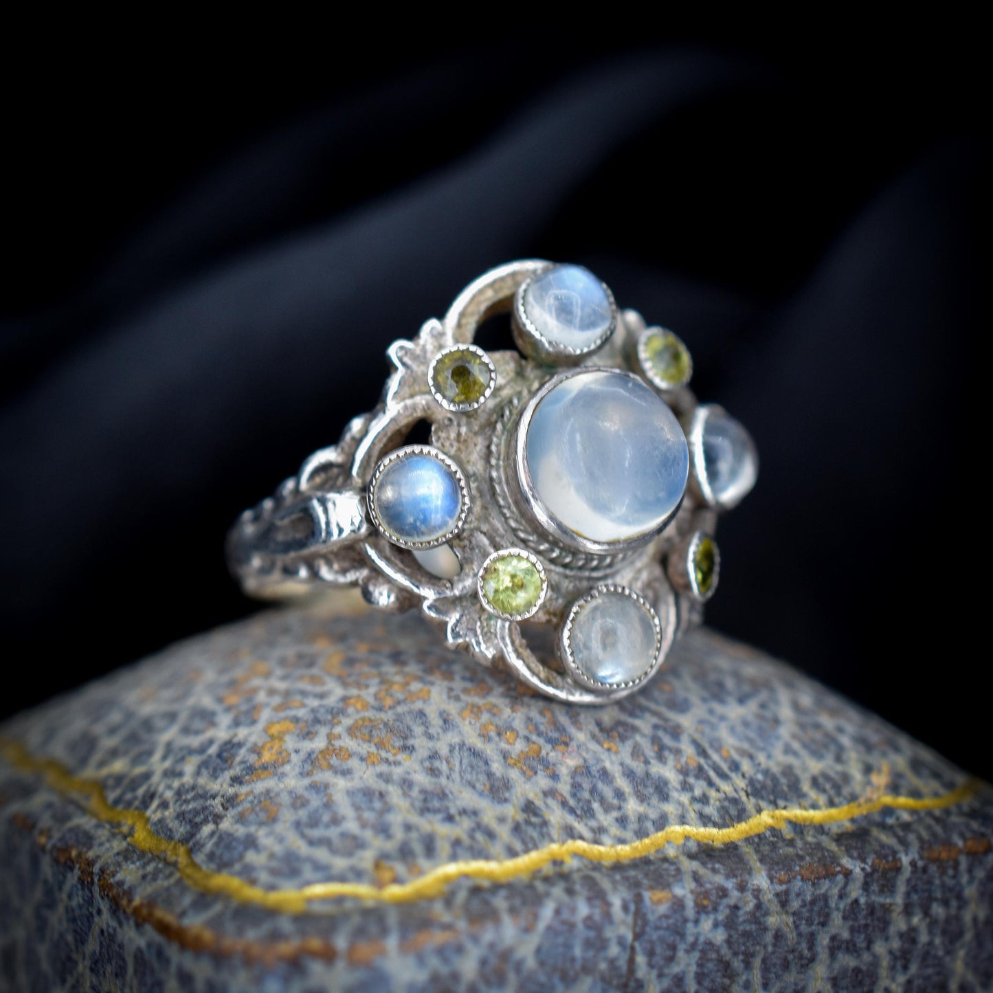Antique Austro-Hungarian Silver Moonstone and Peridot Ring