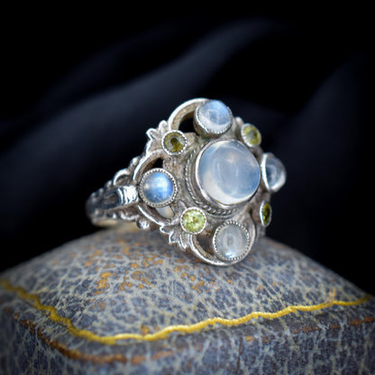 Antique Austro-Hungarian Silver Moonstone and Peridot Ring