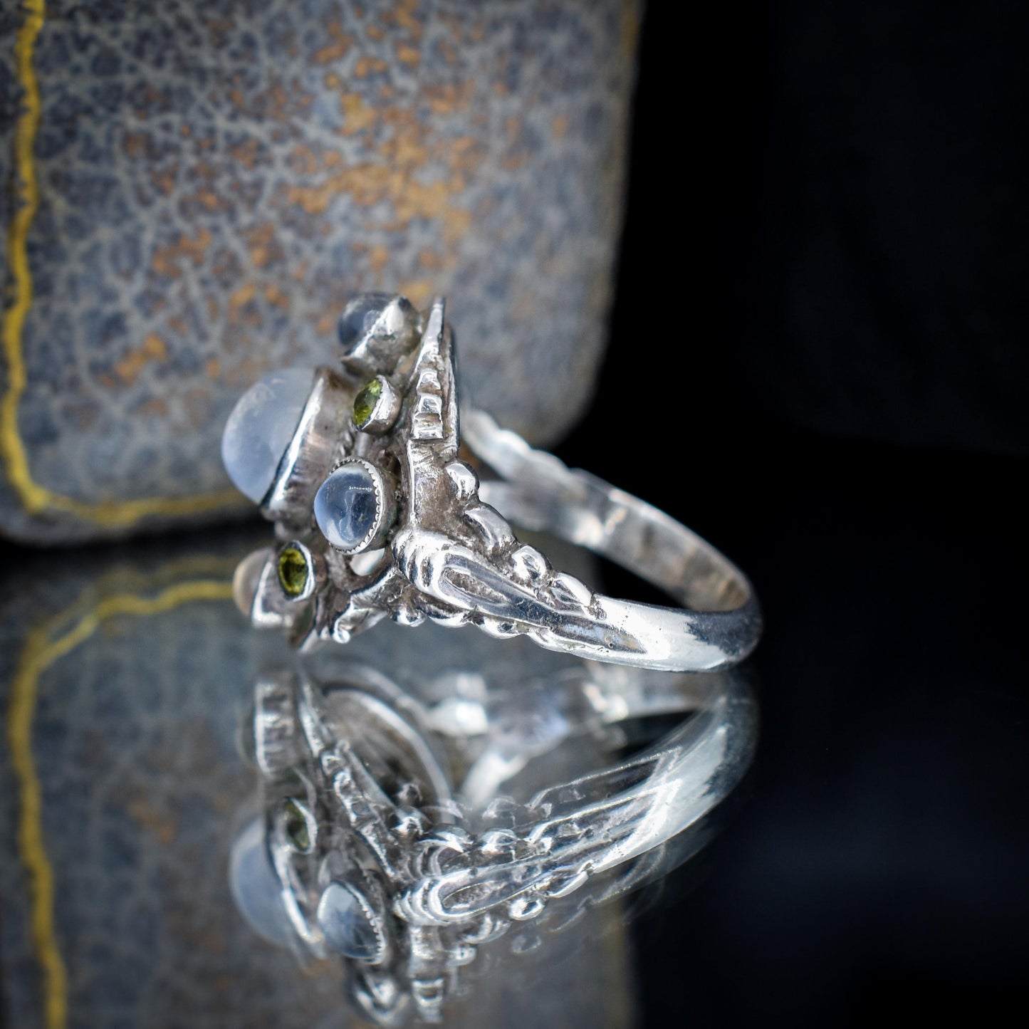 Antique Austro-Hungarian Silver Moonstone and Peridot Ring