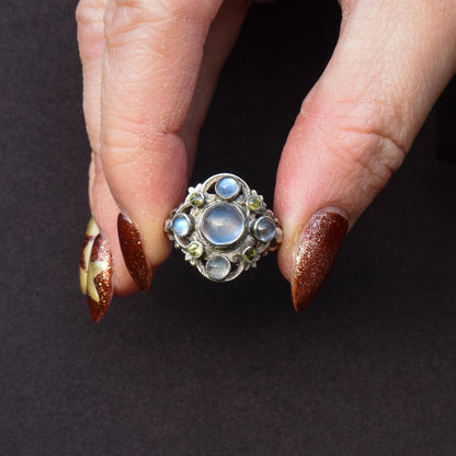 Antique Austro-Hungarian Silver Moonstone and Peridot Ring