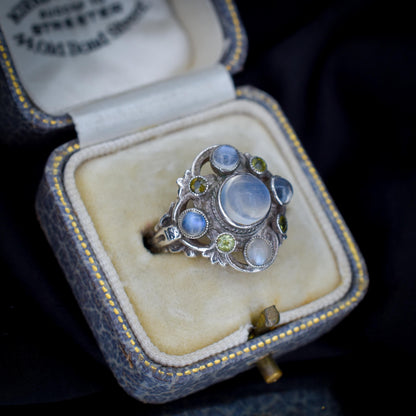 Antique Austro-Hungarian Silver Moonstone and Peridot Ring