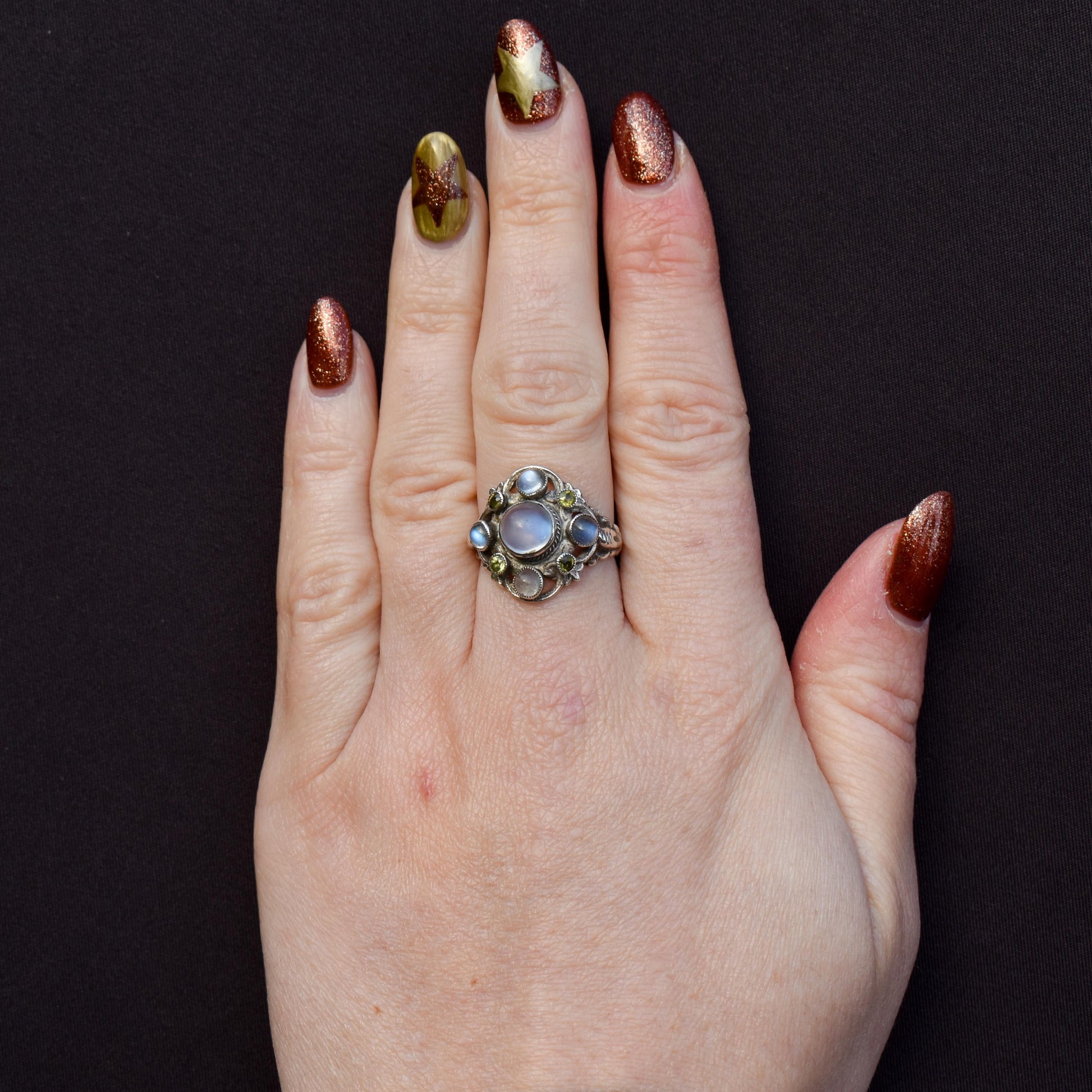 Antique Austro-Hungarian Silver Moonstone and Peridot Ring