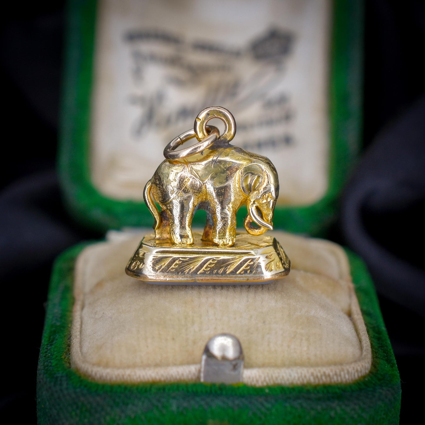 Antique Chalcedony Elephant Gold Cased Ornate Fob Seal Pendant