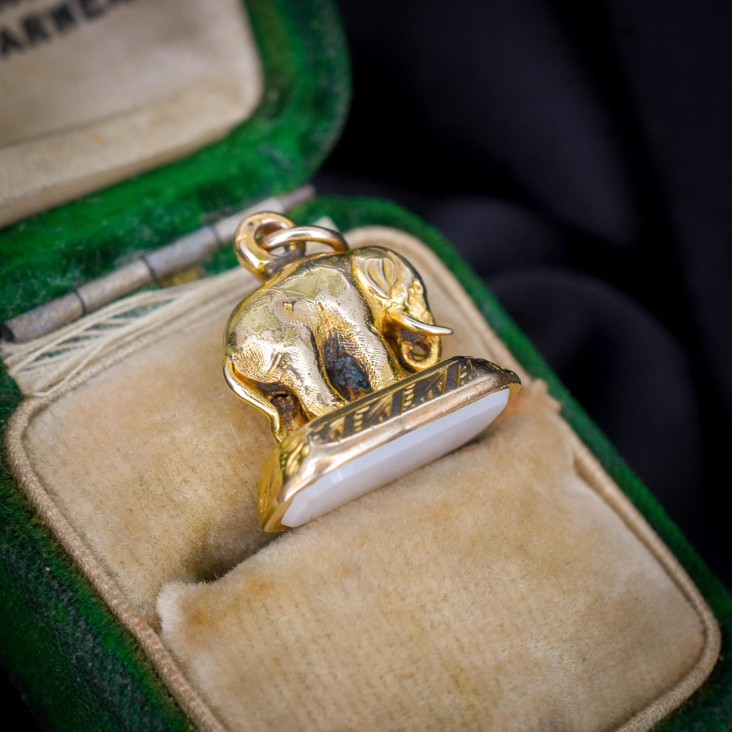 Antique Chalcedony Elephant Gold Cased Ornate Fob Seal Pendant
