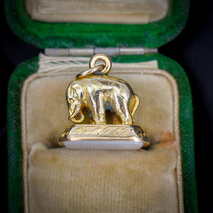 Antique Chalcedony Elephant Gold Cased Ornate Fob Seal Pendant