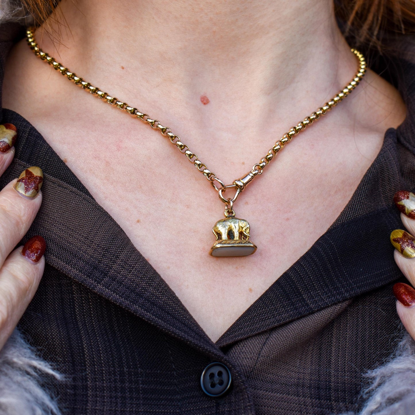 Antique Chalcedony Elephant Gold Cased Ornate Fob Seal Pendant