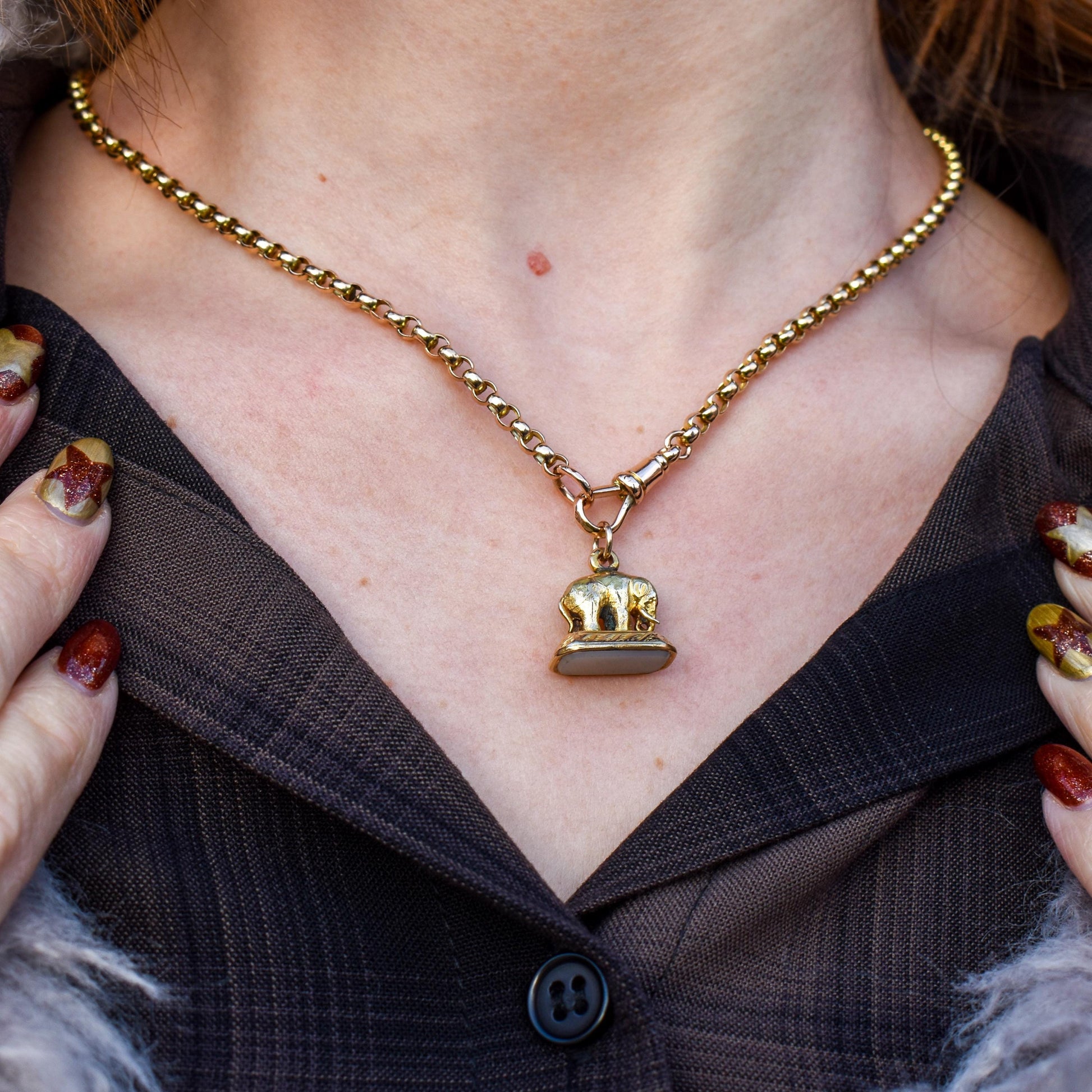 Antique Chalcedony Elephant Gold Cased Ornate Fob Seal Pendant