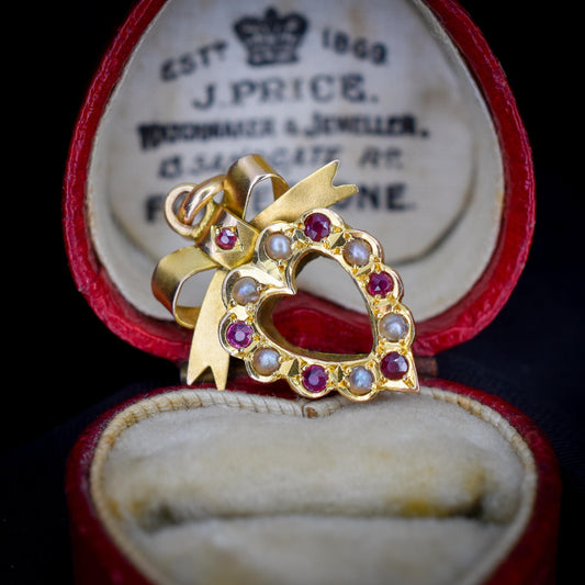 Antique '1902' Ruby and Pearl 9ct Gold Heart Bow Pendant