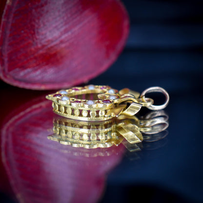 Antique '1902' Ruby and Pearl 9ct Gold Heart Bow Pendant