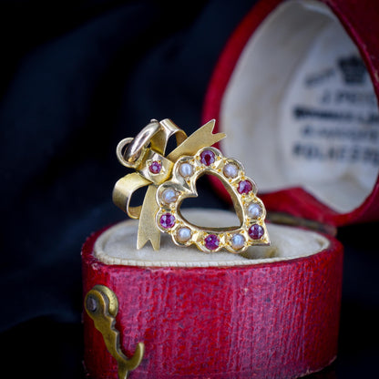 Antique '1902' Ruby and Pearl 9ct Gold Heart Bow Pendant