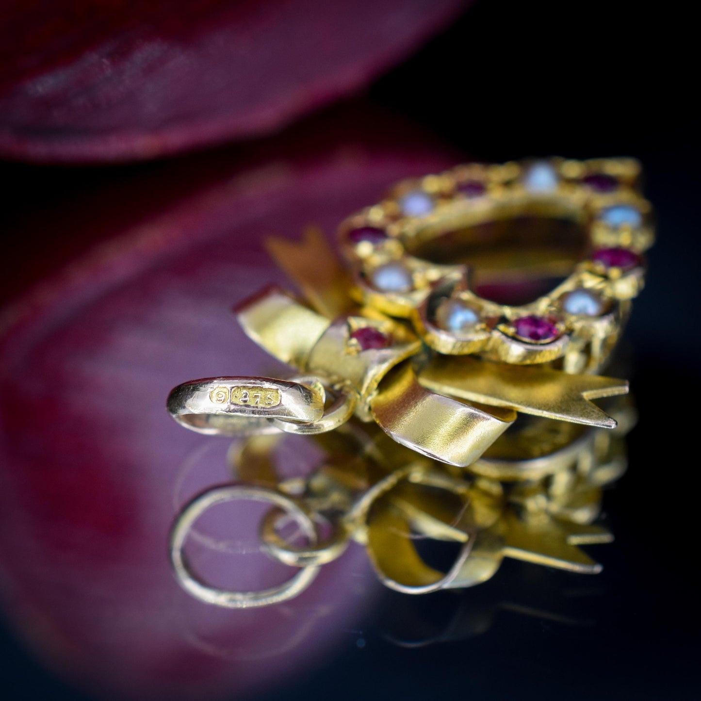 Antique '1902' Ruby and Pearl 9ct Gold Heart Bow Pendant
