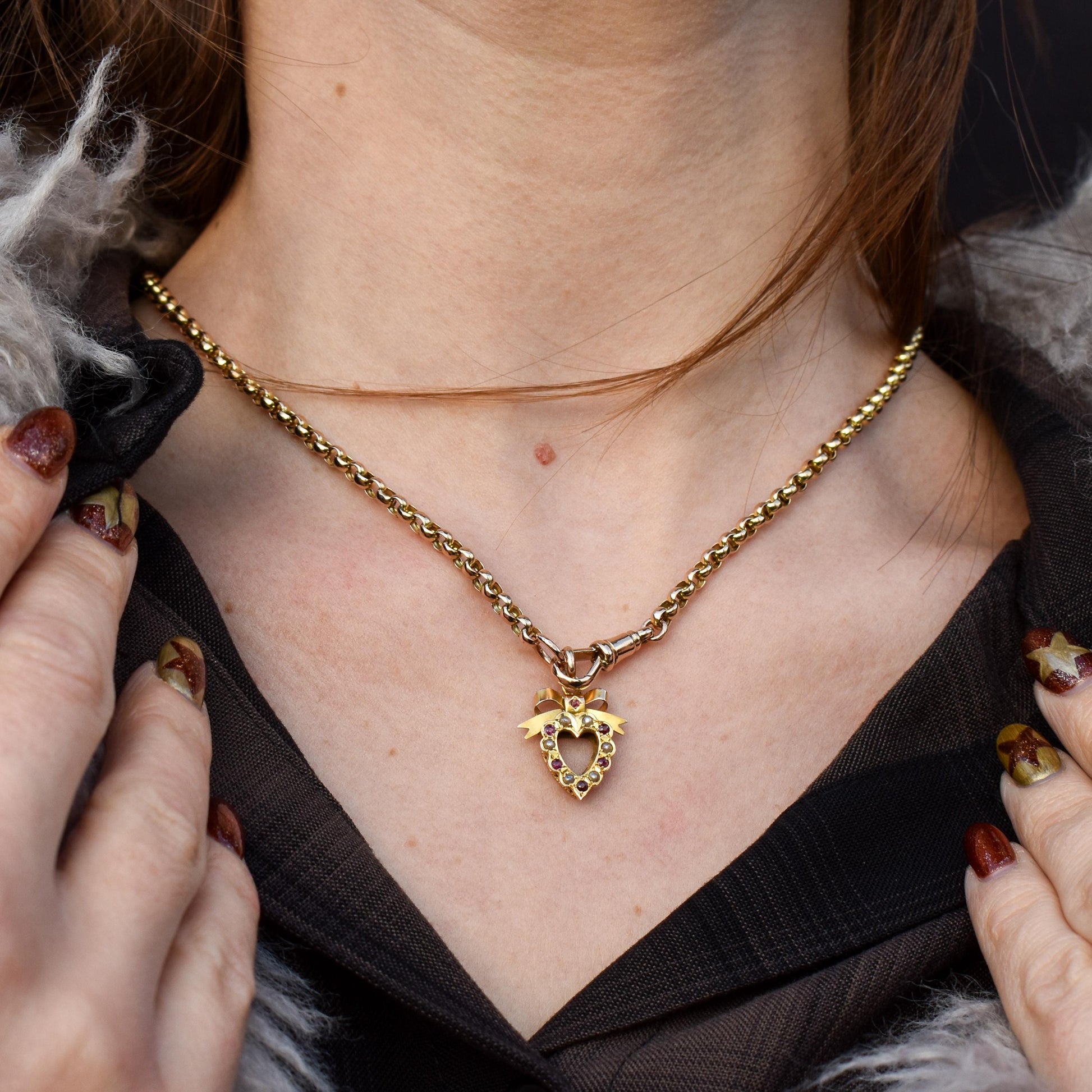 Antique '1902' Ruby and Pearl 9ct Gold Heart Bow Pendant