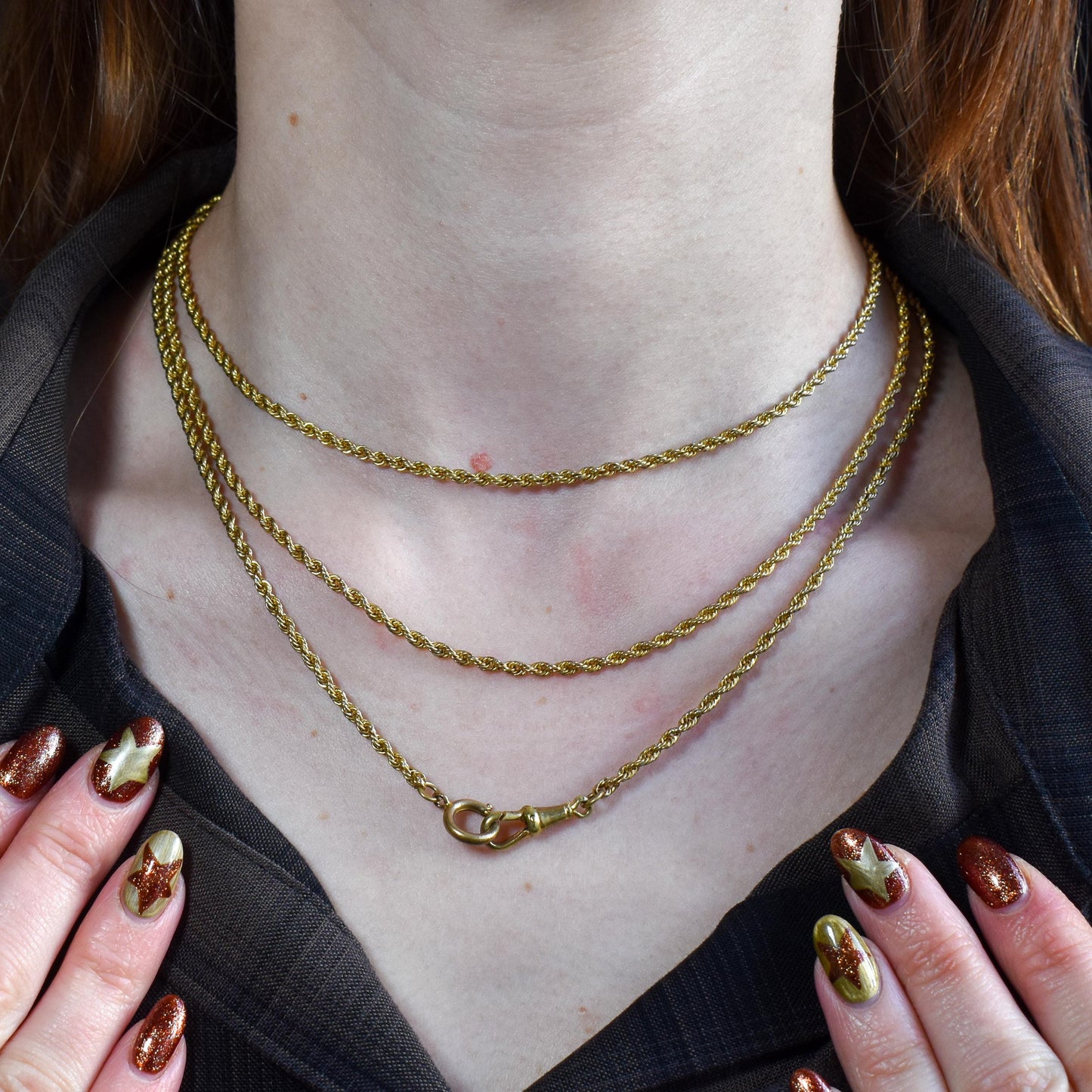 Antique Rope Twist Chain Guard Muff Necklace 51" with Dog Clip and Bolt Ring