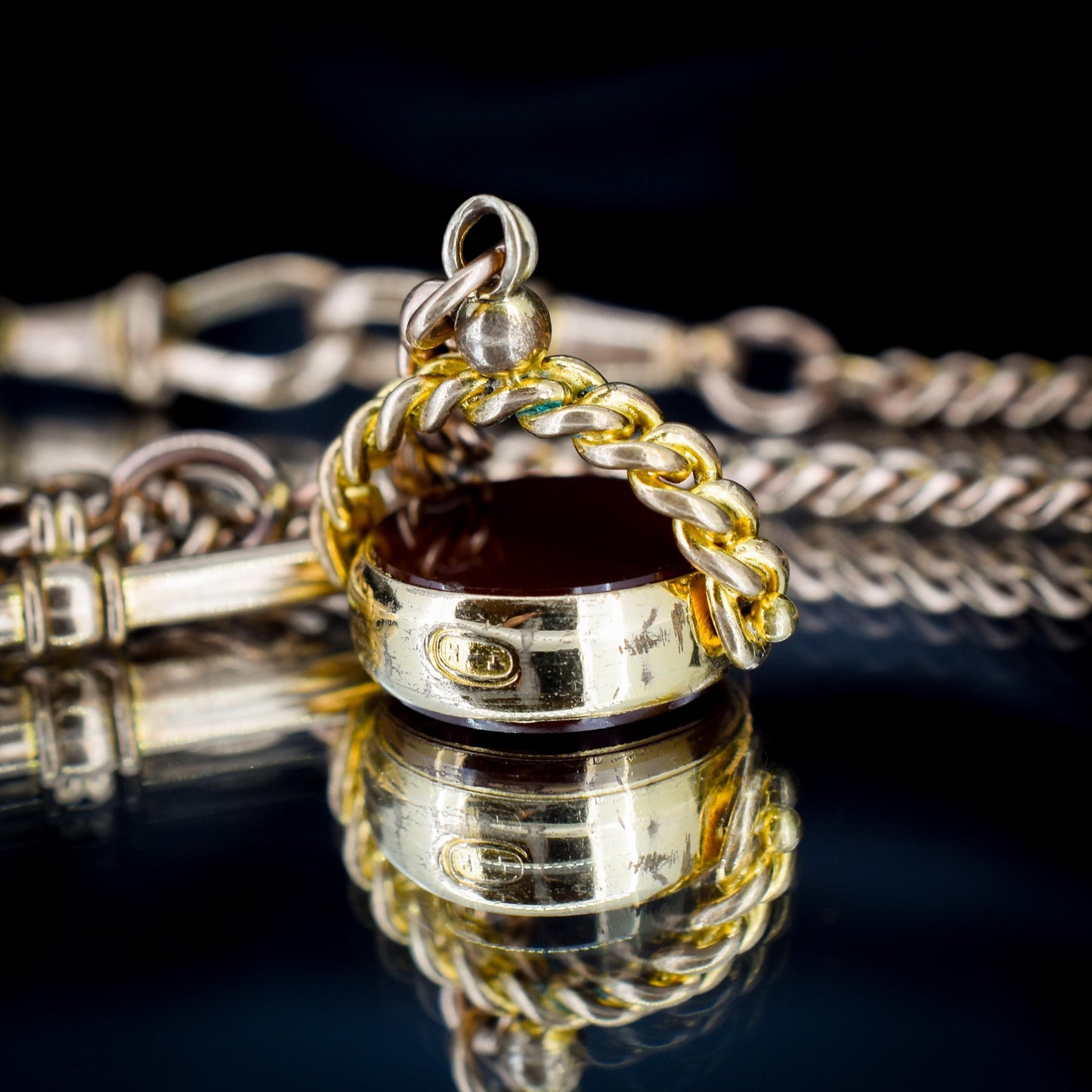 Antique Rolled Gold Curb Albert Chain Necklace | T-Bar and Dog Clips and Fob 16.75"