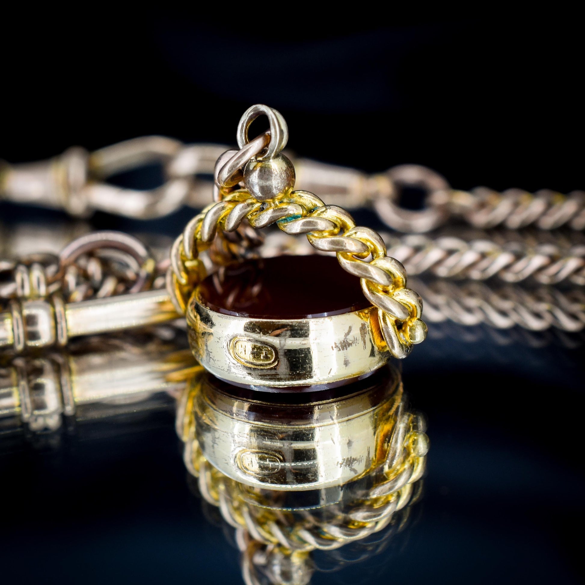 Antique Rolled Gold Curb Albert Chain Necklace | T-Bar and Dog Clips and Fob 16.75"