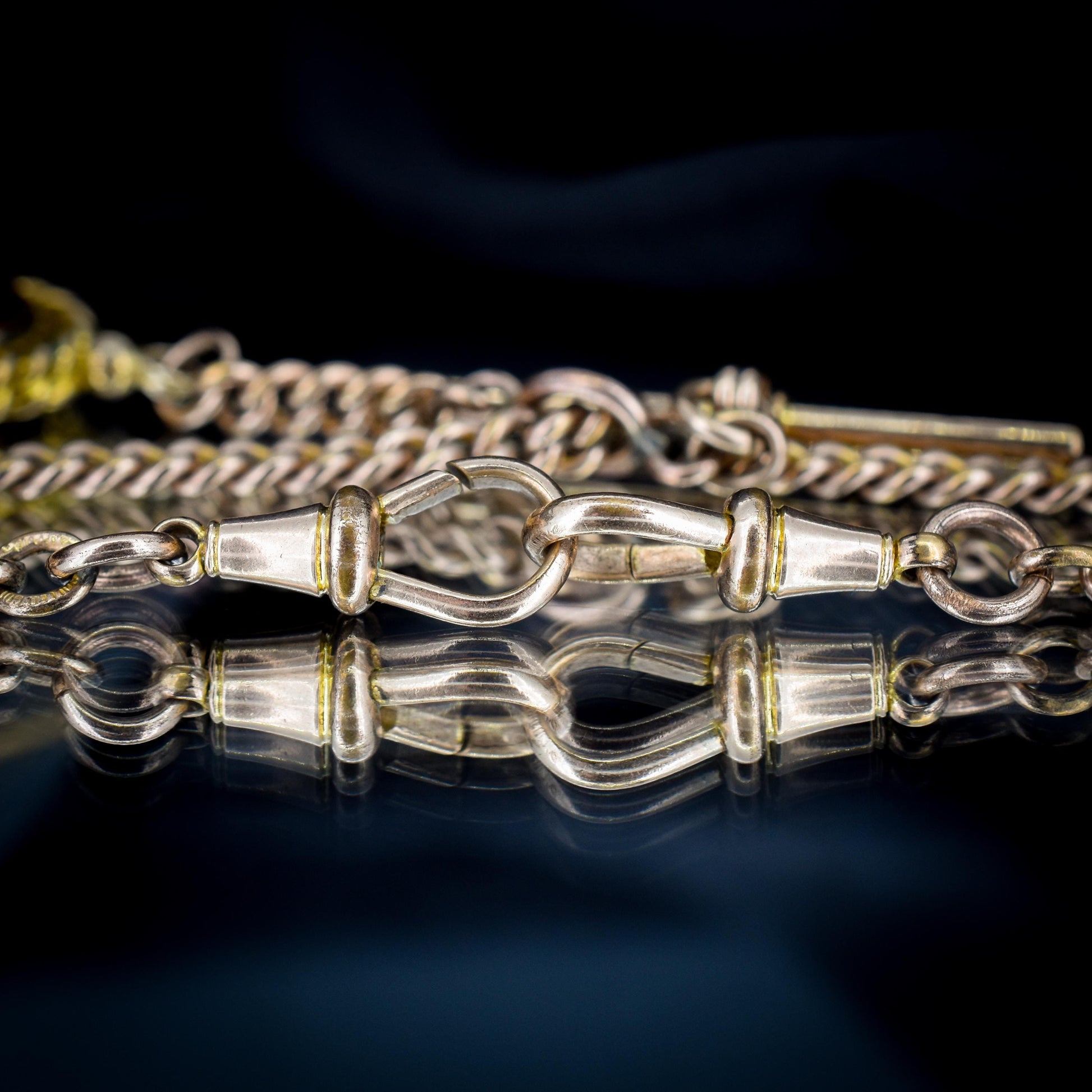 Antique Rolled Gold Curb Albert Chain Necklace | T-Bar and Dog Clips and Fob 16.75"