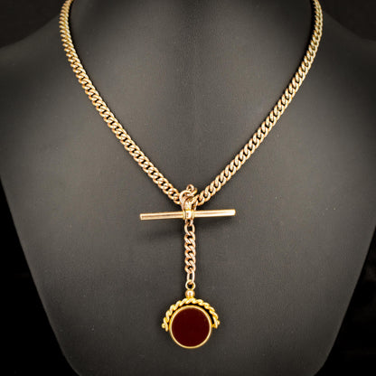 Antique Rolled Gold Curb Albert Chain Necklace | T-Bar and Dog Clips and Fob 16.75"