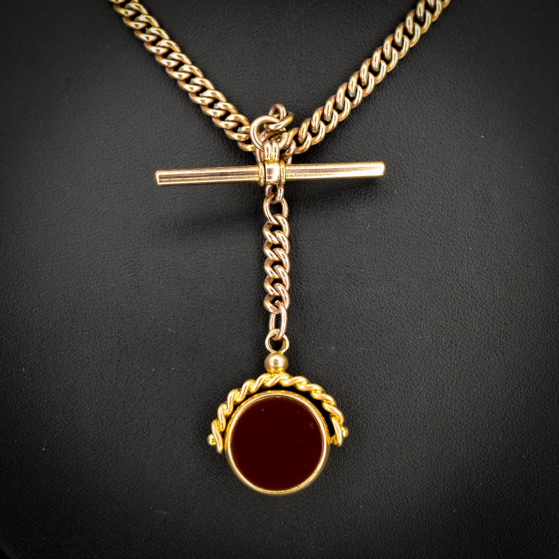 Antique Rolled Gold Curb Albert Chain Necklace | T-Bar and Dog Clips and Fob 16.75"