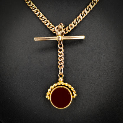 Antique Rolled Gold Curb Albert Chain Necklace | T-Bar and Dog Clips and Fob 16.75"