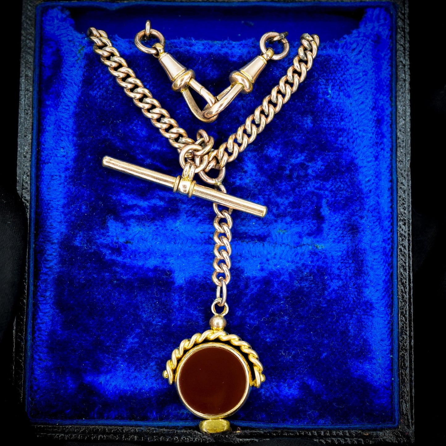 Antique Rolled Gold Curb Albert Chain Necklace | T-Bar and Dog Clips and Fob 16.75"