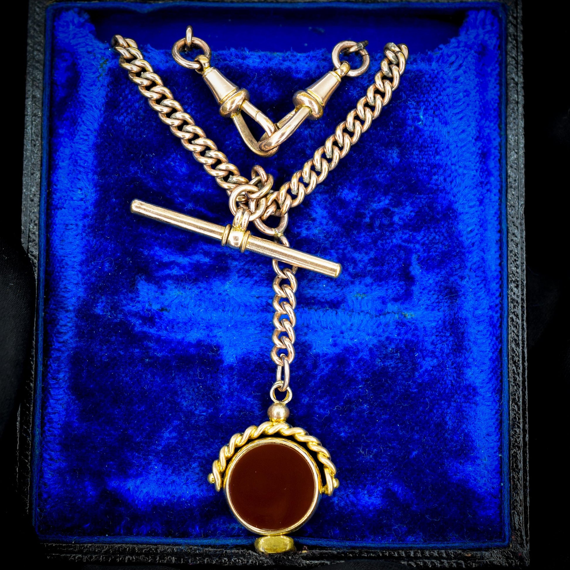 Antique Rolled Gold Curb Albert Chain Necklace | T-Bar and Dog Clips and Fob 16.75"