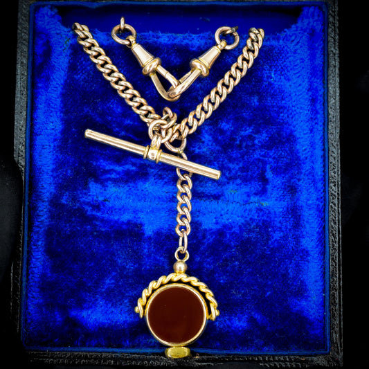 Antique Rolled Gold Curb Albert Chain Necklace | T-Bar and Dog Clips and Fob 16.75"