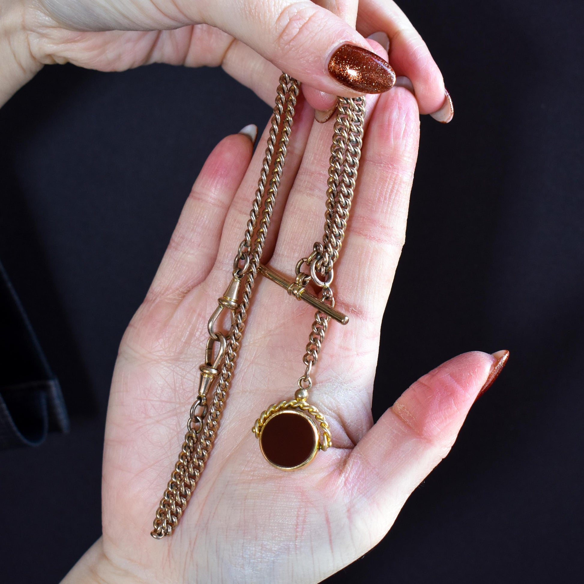 Antique Rolled Gold Curb Albert Chain Necklace | T-Bar and Dog Clips and Fob 16.75"