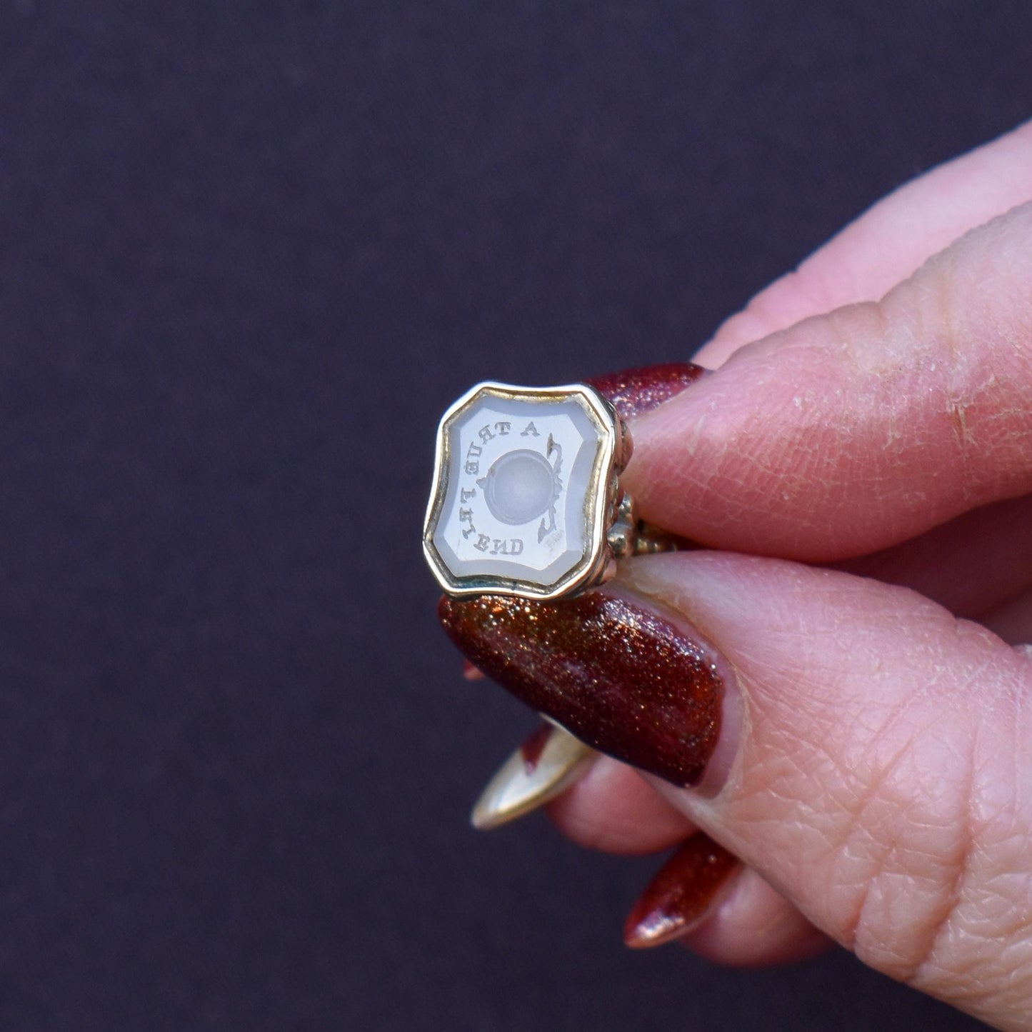 Antique Chalcedony 'A TRUE FRIEND' Intaglio Gold Cased Fob Seal Pendant